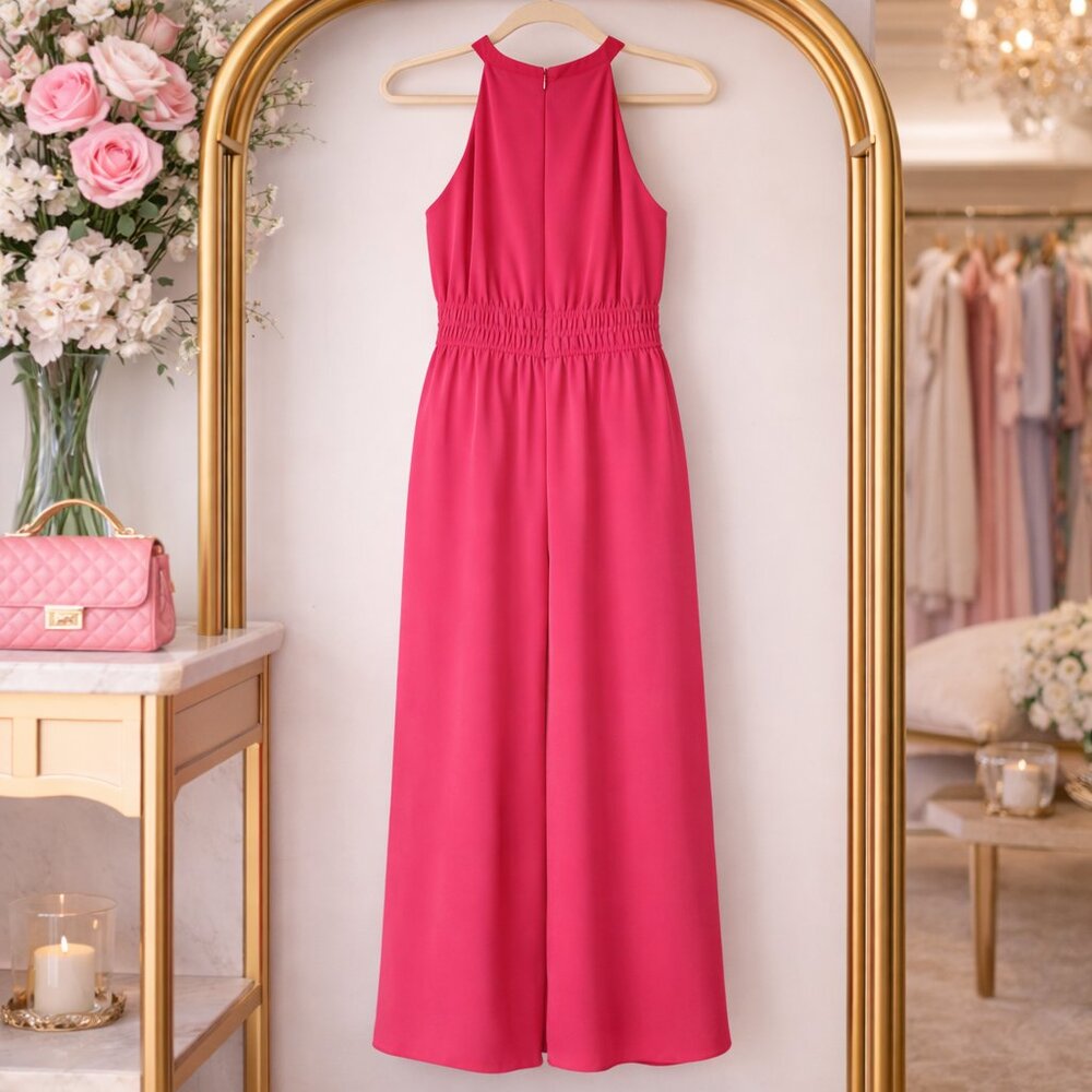 Dynamic Vince Camuto Elegant Modern Pink Halter Neck Wide Leg Jumpsuit NWT - Picture 10 of 13